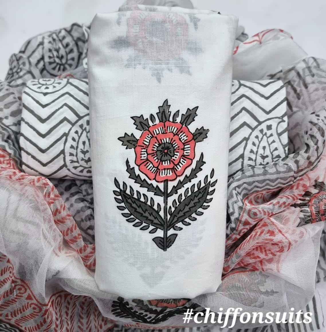 Ethnic Handcrafted Block Print Cotton Suit Set with Chiffon Dupatta