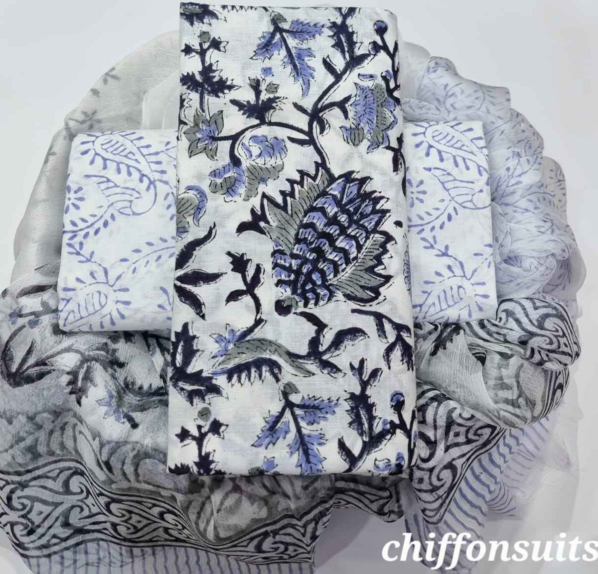 Ethnic Handcrafted Block Print Cotton Suit Set with Chiffon Dupatta