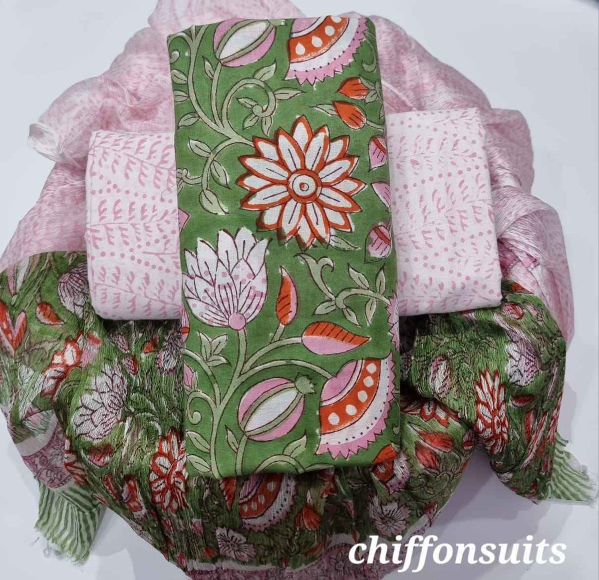 Ethnic Handcrafted Block Print Cotton Suit Set with Chiffon Dupatta
