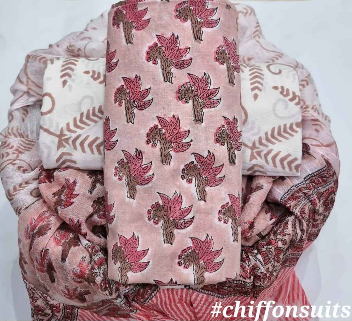 Ethnic Handcrafted Block Print Cotton Suit Set with Chiffon Dupatta