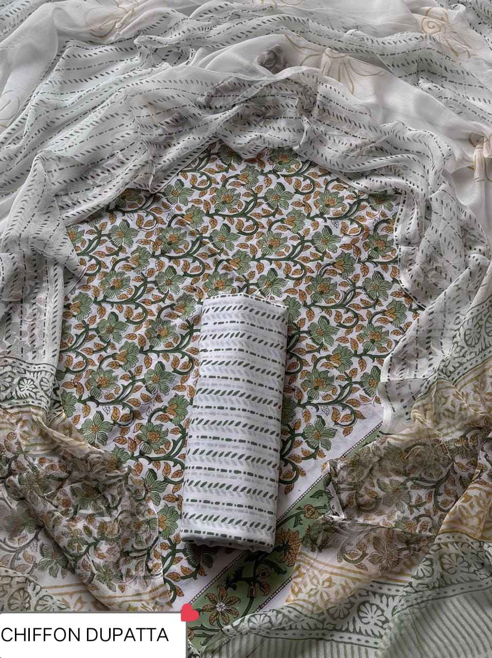 Hand Block Printed Pure Cotton Suit Sets With Chiffon Dupatta