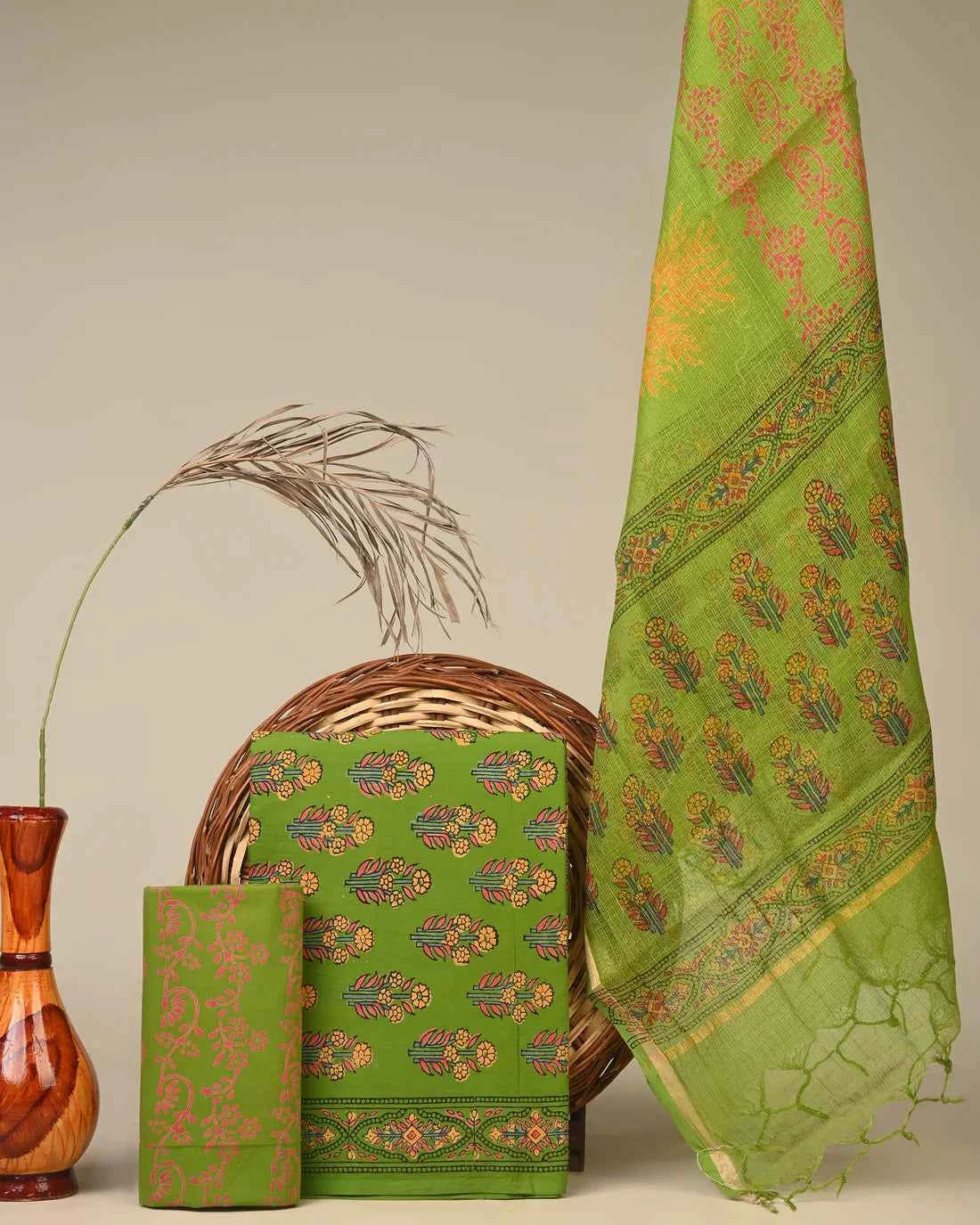 Green and Goldne Cotton Suit With Kota Doriya Dupatta