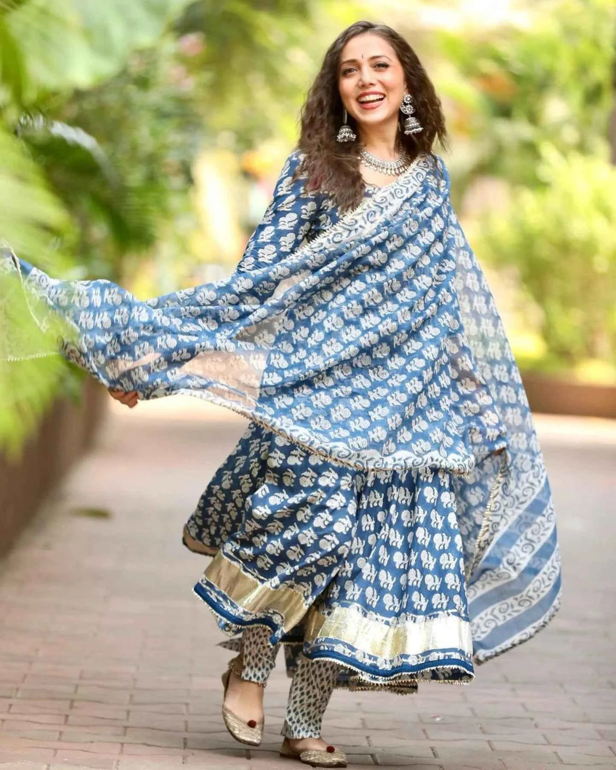 Windy Blue Handblock designer suit Set