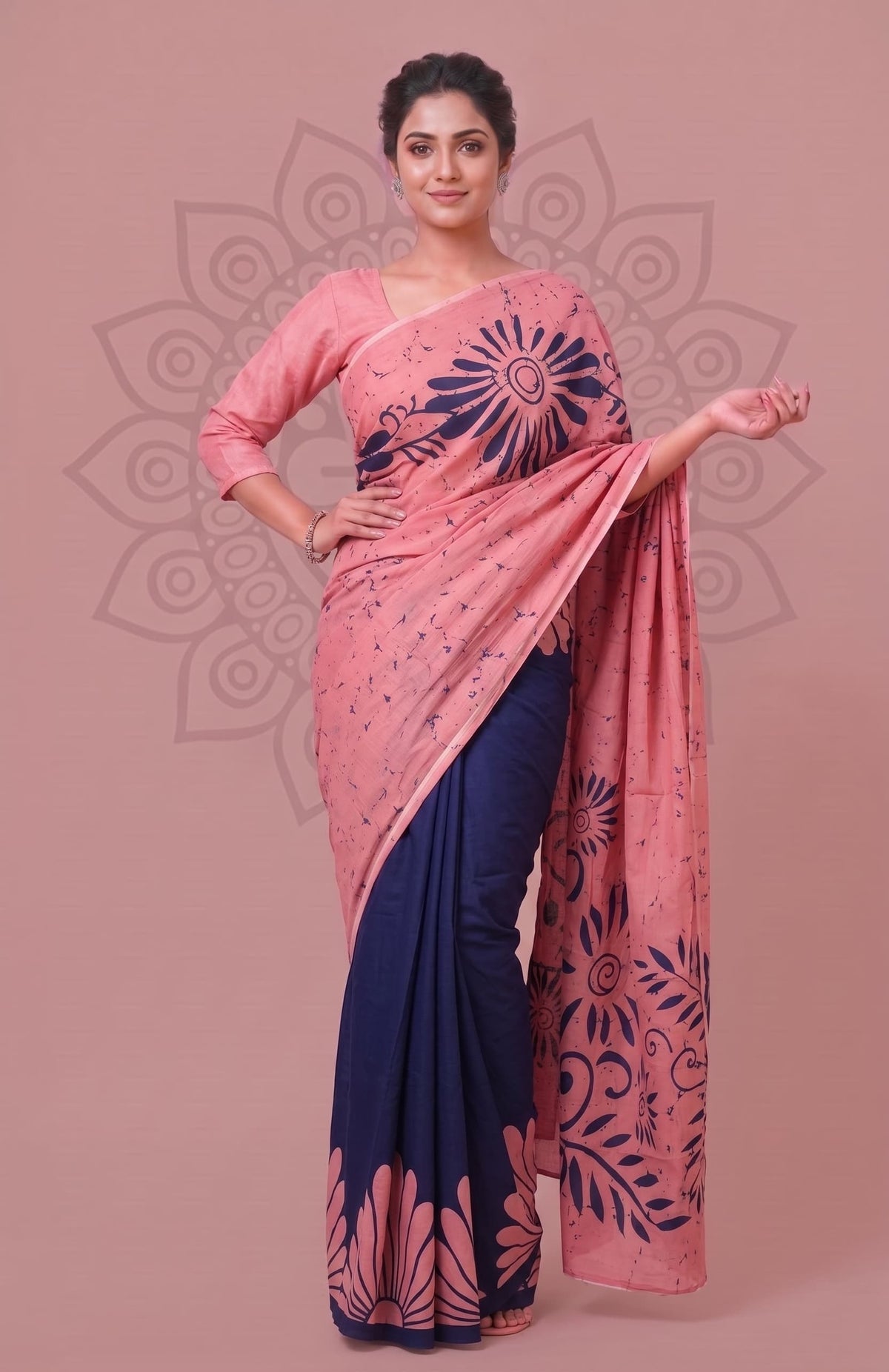 Traditional Floral Handcrafted Design Block Print Cotton Saree