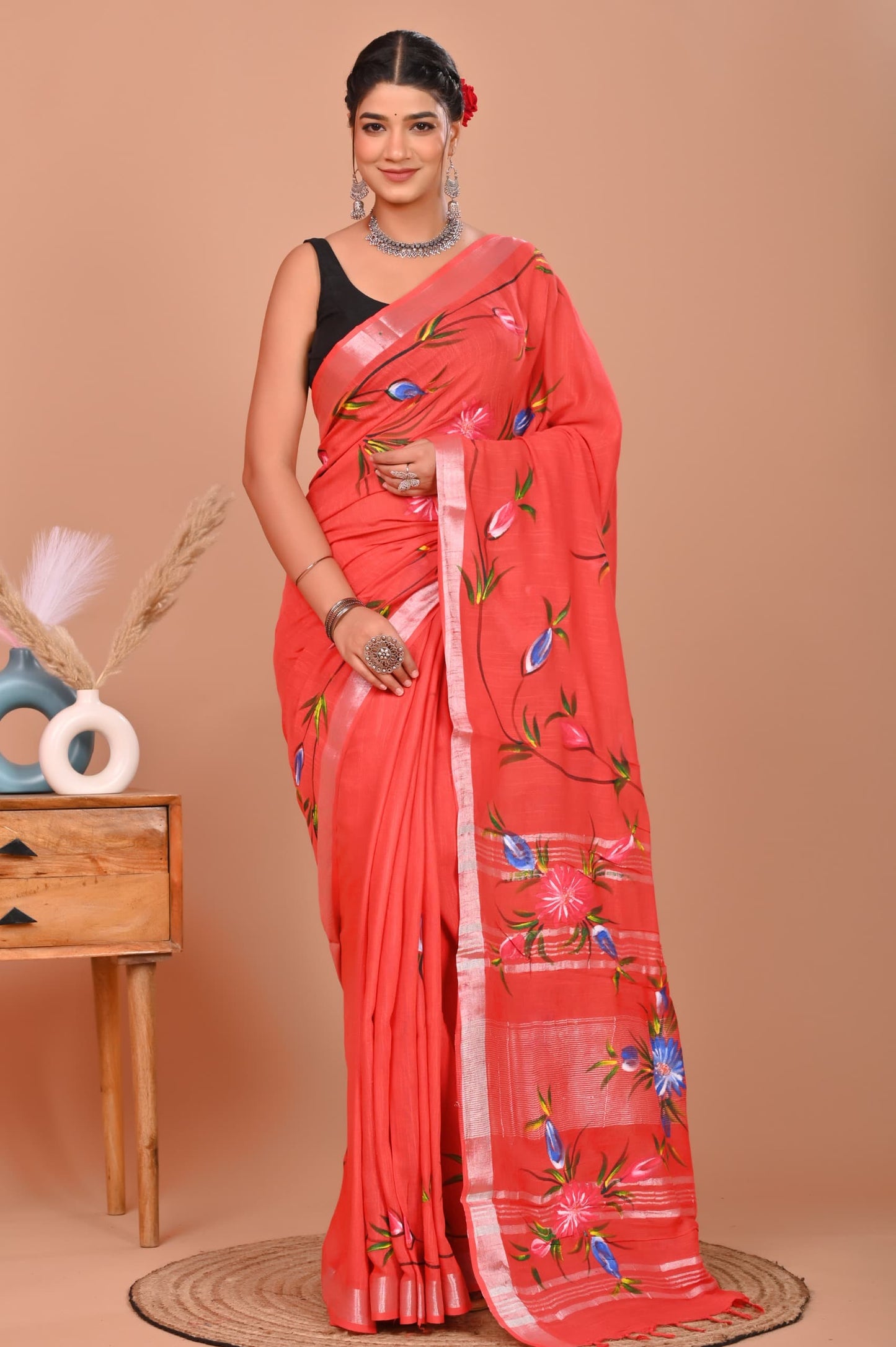 Painted via Hand Brush Linen Cotton Saree With Blouse Piece