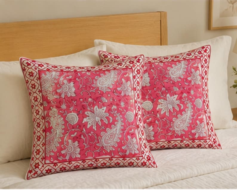 Handmade Pink Block Print Cushion Cover