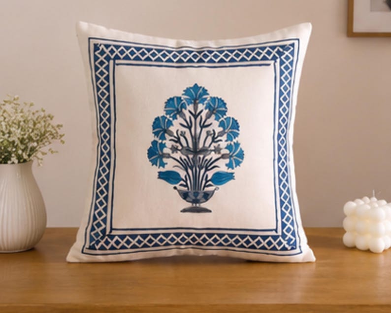 Blue Botanical Hand Block Print Boho Style Cotton Cushion Cover