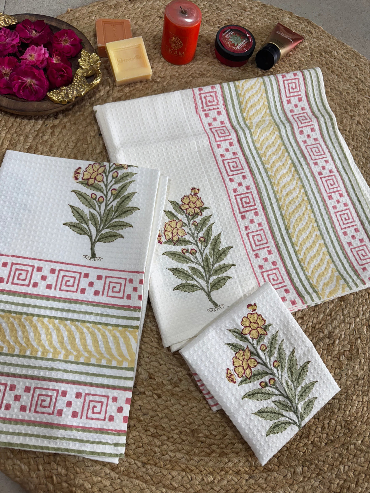 Handblock Print Cotton Towel Set - BODY TOWEL-HAND TOWEL-NAPKIN