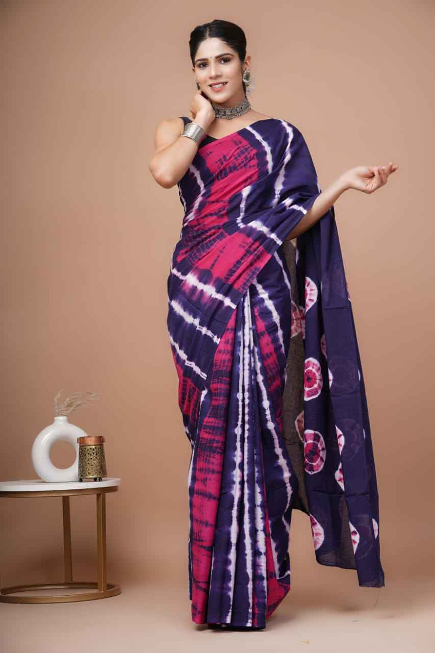 Indigo Floral Block Mulmul Cotton Saree