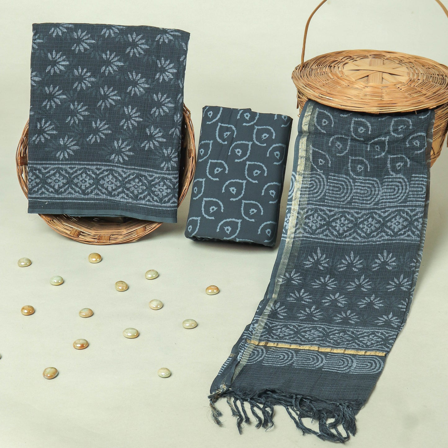 Hand Block Printed Kota Doria Cotton Suit Set with Zari Border Dupatta
