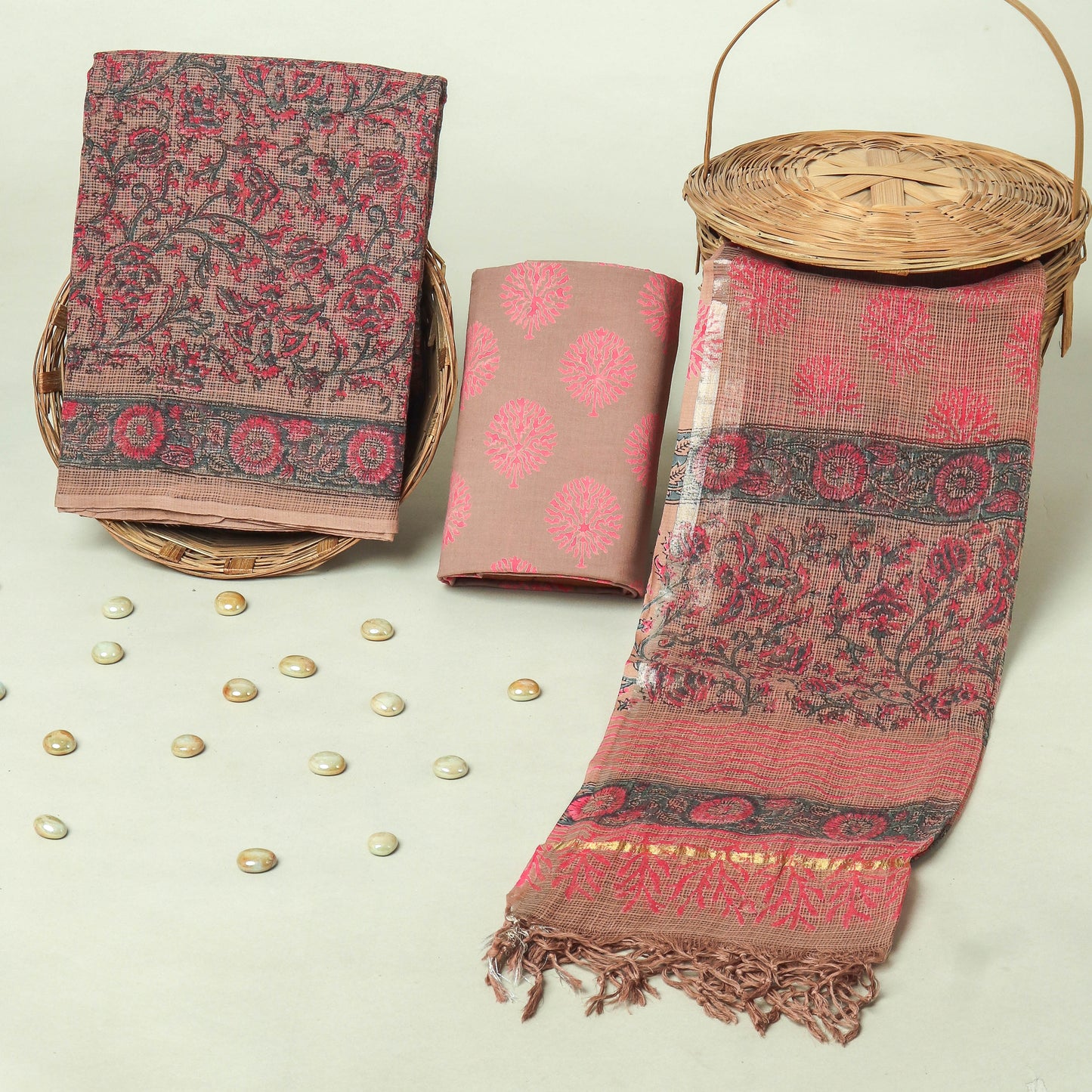Hand Block Printed Kota Doria Cotton Suit Set with Zari Border Dupatta