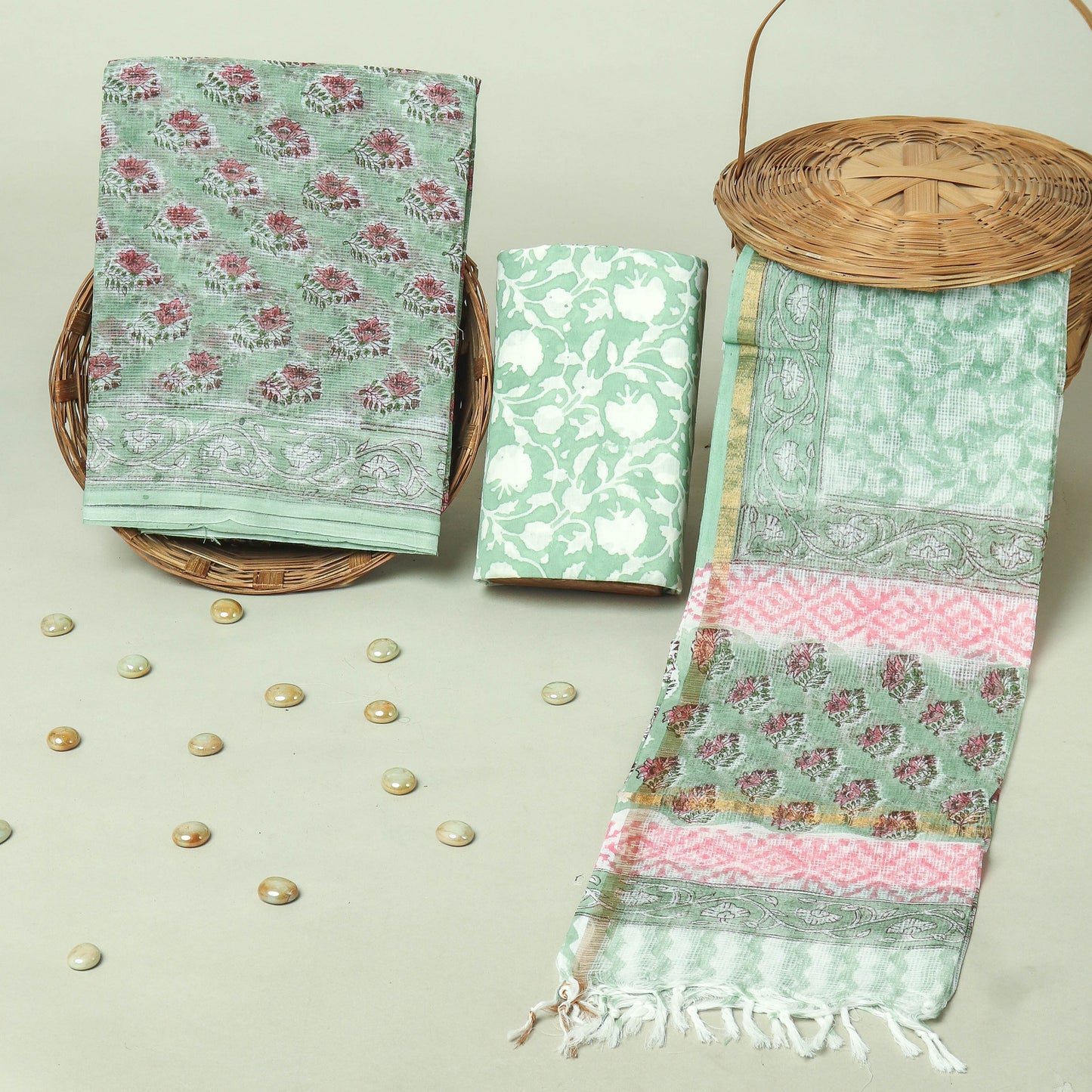Hand Block Printed Kota Doria Cotton Suit Set with Zari Border Dupatta