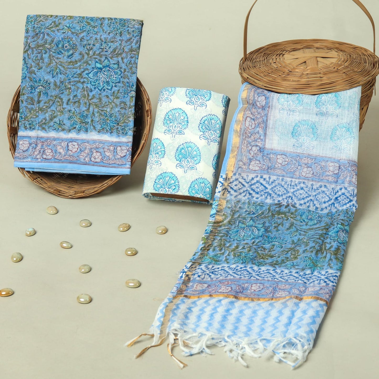 Hand Block Printed Kota Doria Cotton Suit Set with Zari Border Dupatta
