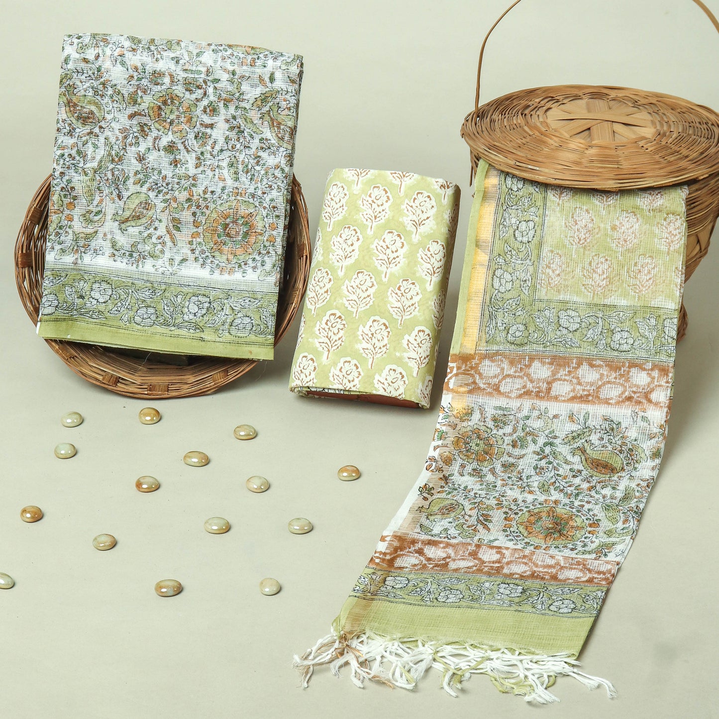 Hand Block Printed Kota Doria Cotton Suit Set with Zari Border Dupatta