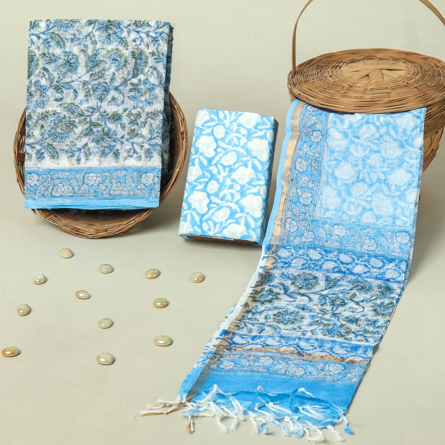 Hand Block Printed Kota Doria Cotton Suit Set with Zari Border Dupatta