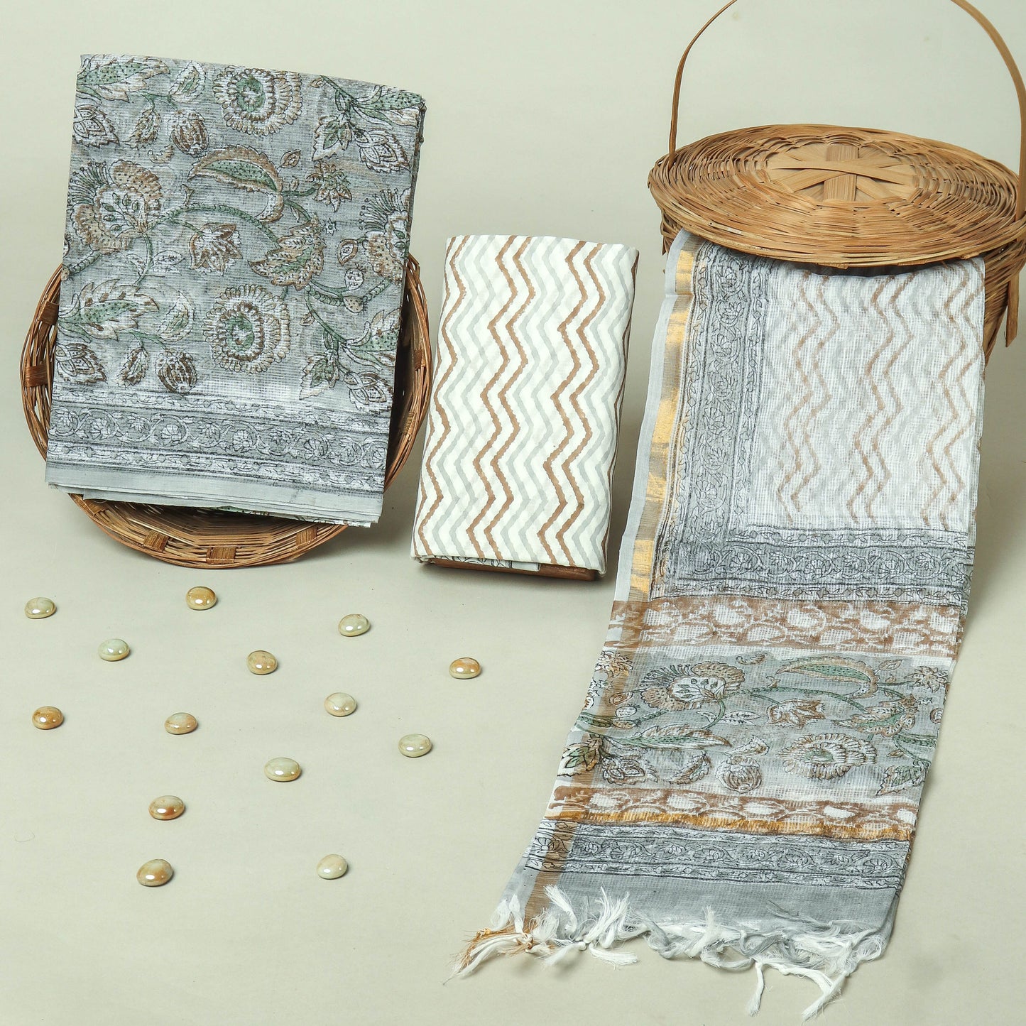 Hand Block Printed Kota Doria Cotton Suit Set with Zari Border Dupatta