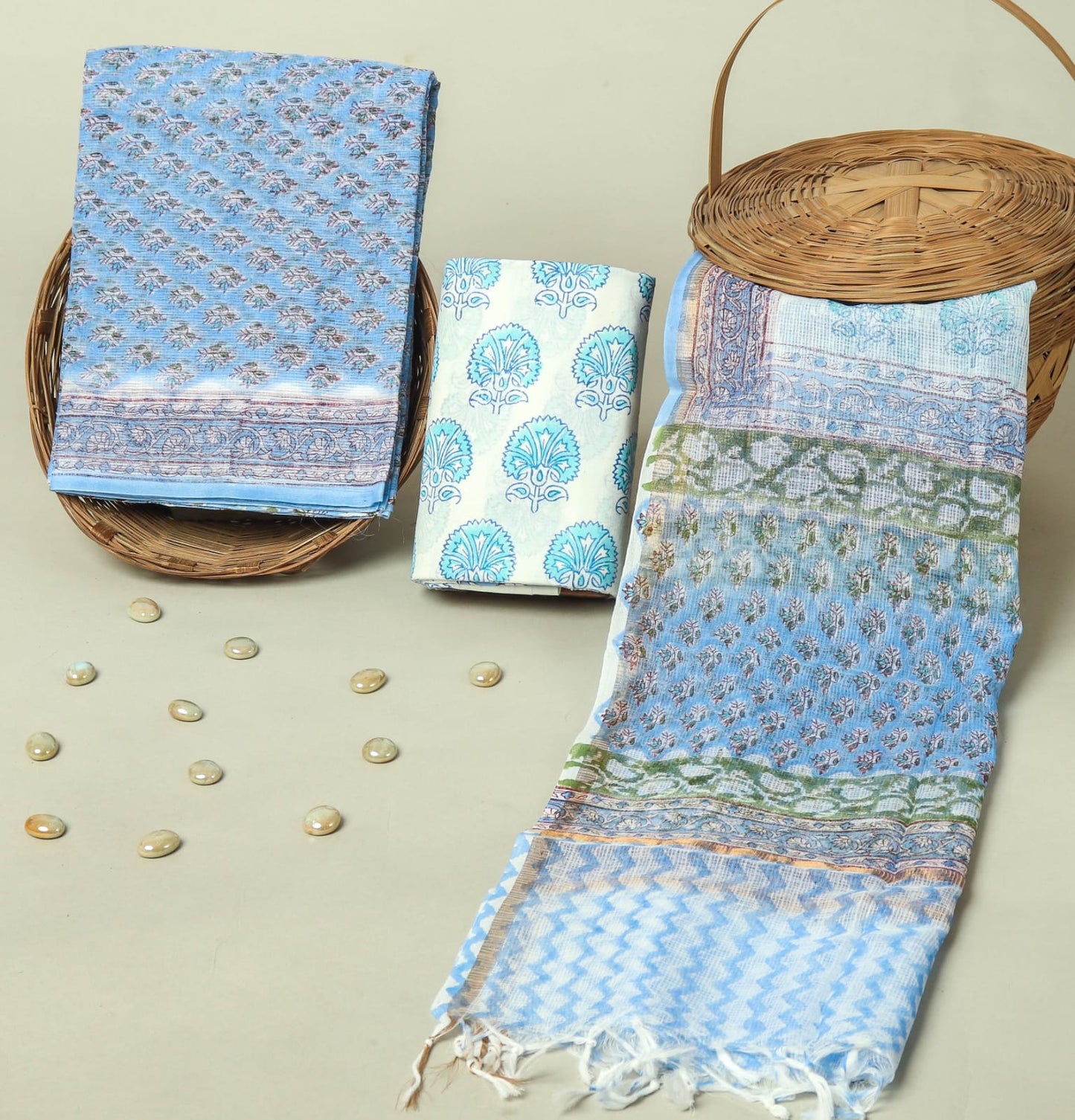Hand Block Printed Kota Doria Cotton Suit Set with Zari Border Dupatta