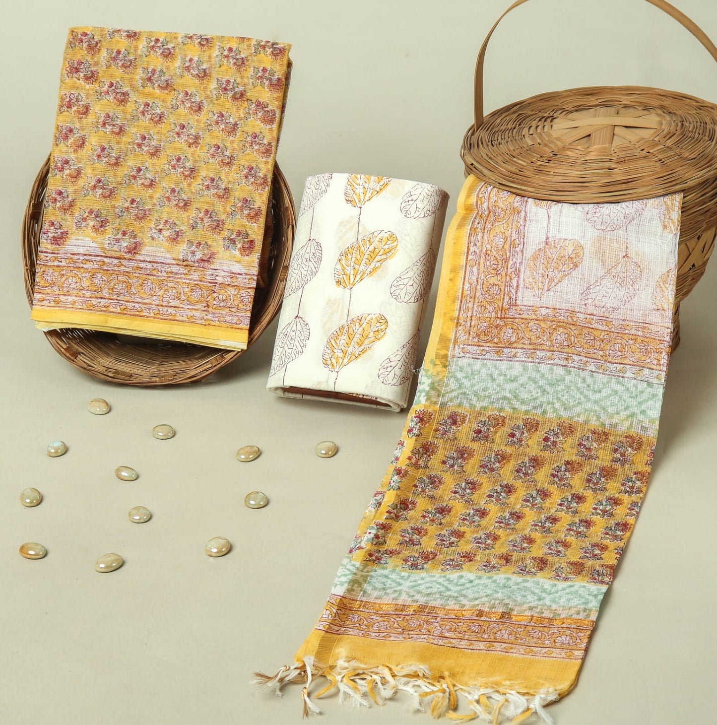 Hand Block Printed Kota Doria Cotton Suit Set with Zari Border Dupatta