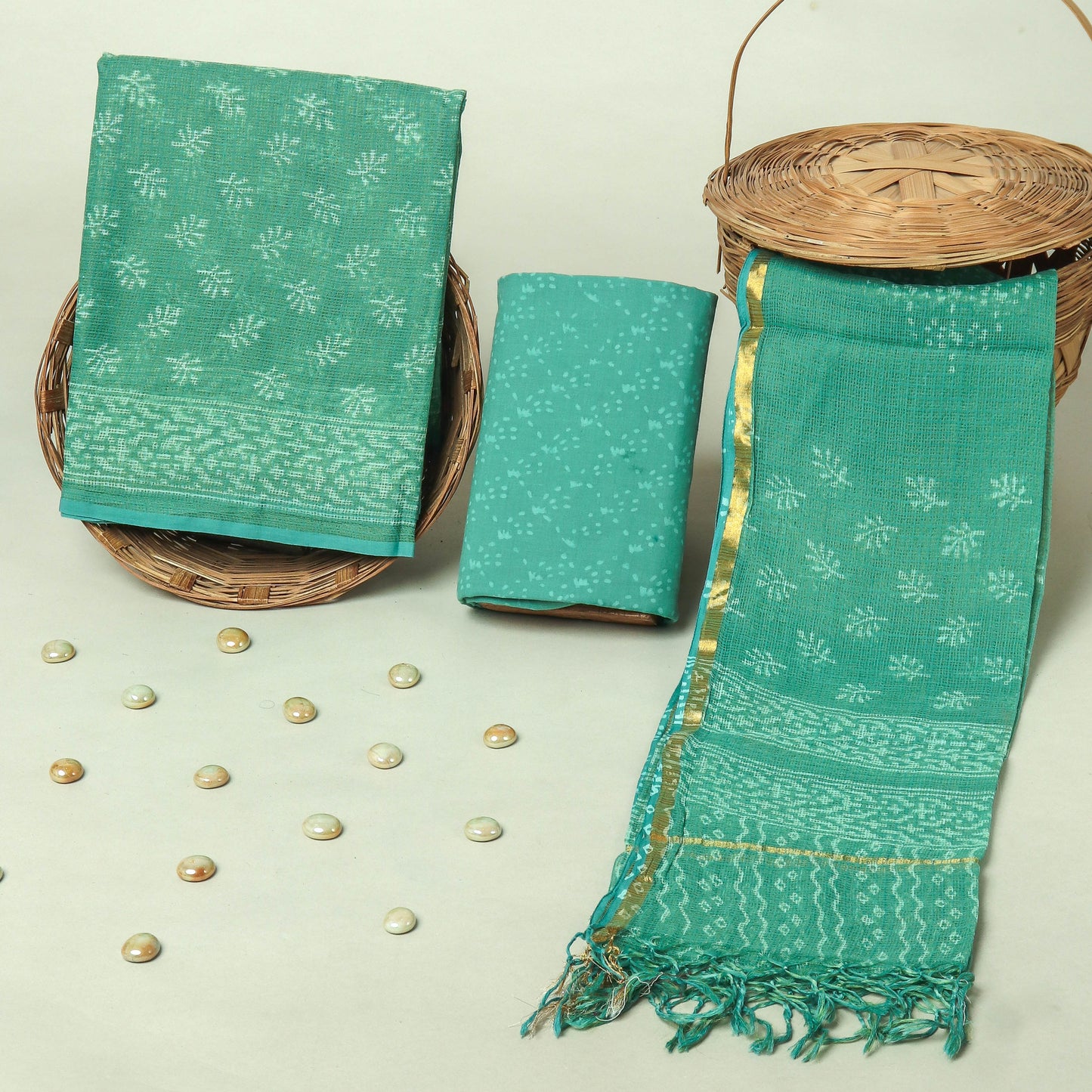 Hand Block Printed Kota Doria Cotton Suit Set with Zari Border Dupatta