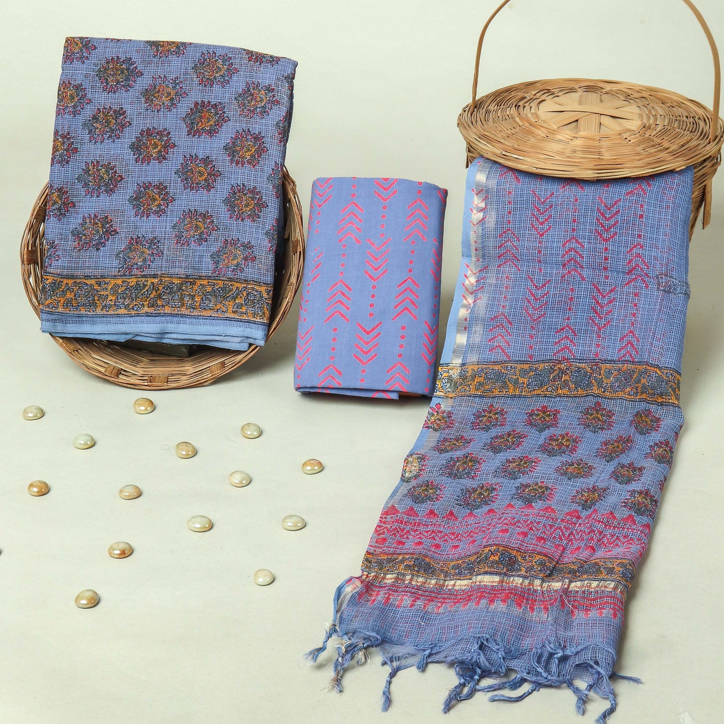 Hand Block Printed Kota Doria Cotton Suit Set with Zari Border Dupatta