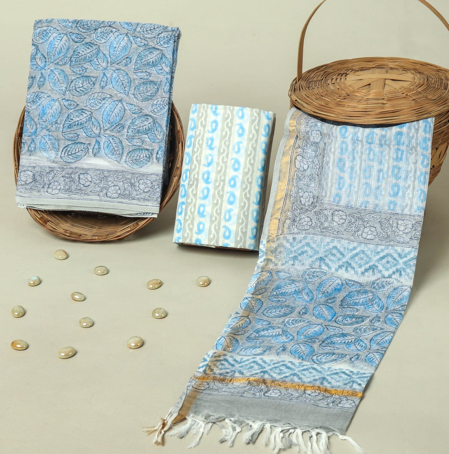 Hand Block Printed Kota Doria Cotton Suit Set with Zari Border Dupatta