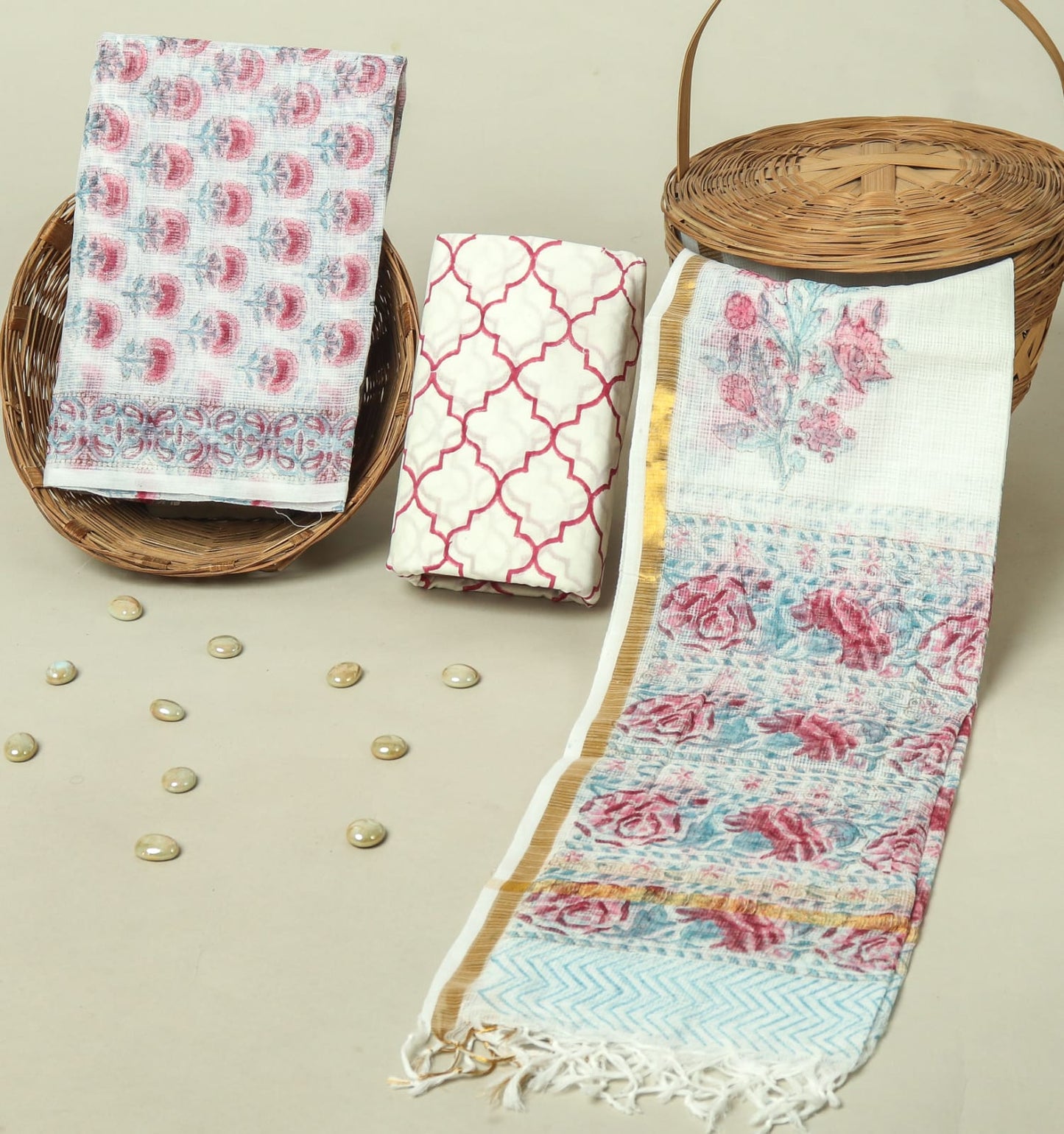 Hand Block Printed Kota Doria Cotton Suit Set with Zari Border Dupatta