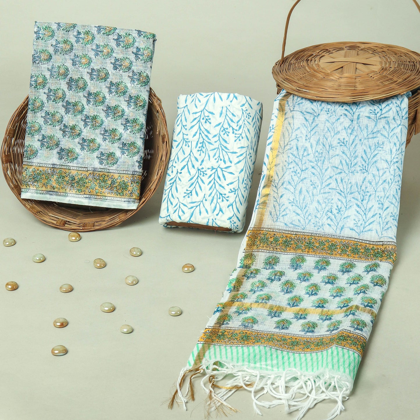 Hand Block Printed Kota Doria Cotton Suit Set with Zari Border Dupatta
