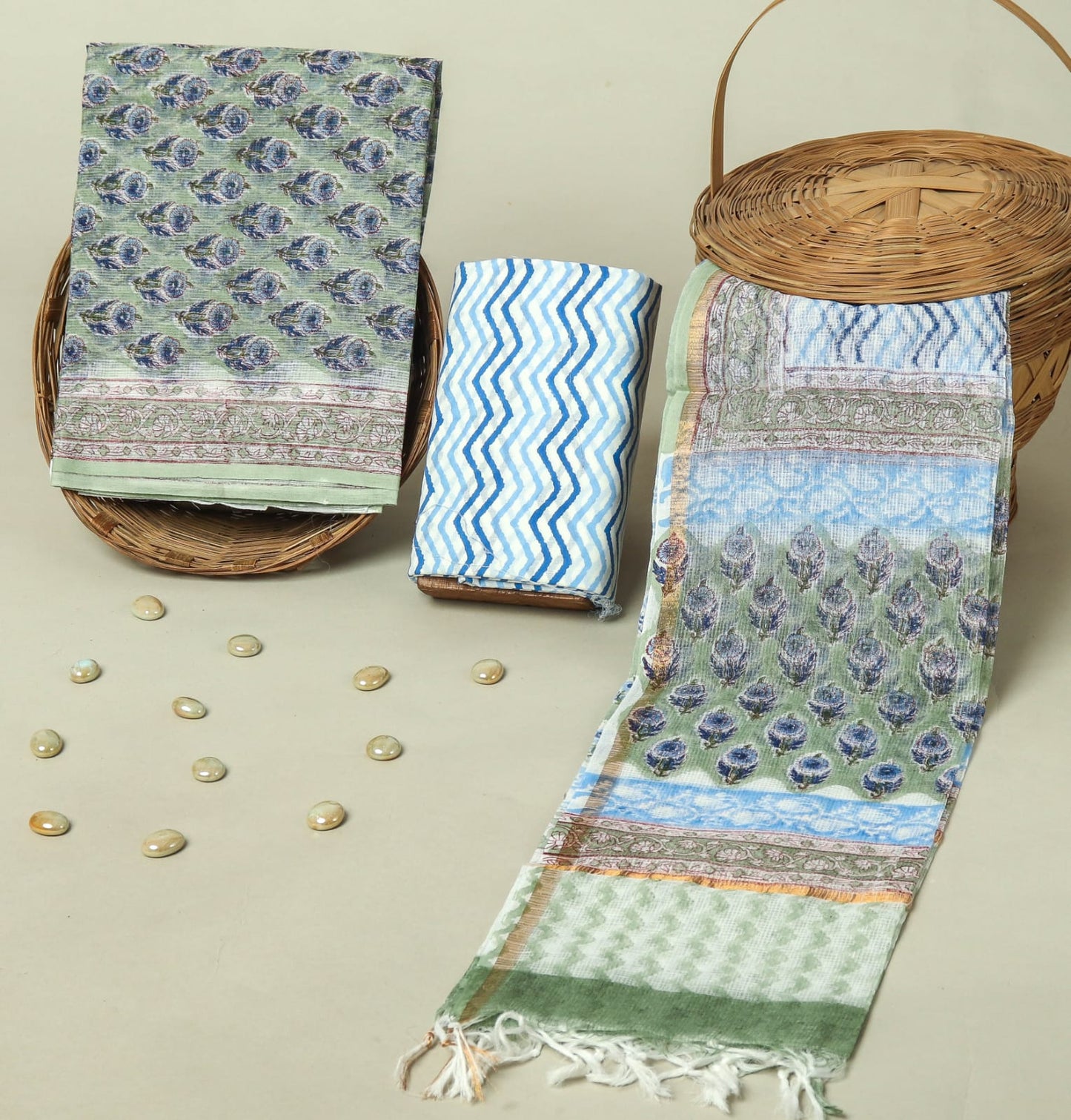 Hand Block Printed Kota Doria Cotton Suit Set with Zari Border Dupatta
