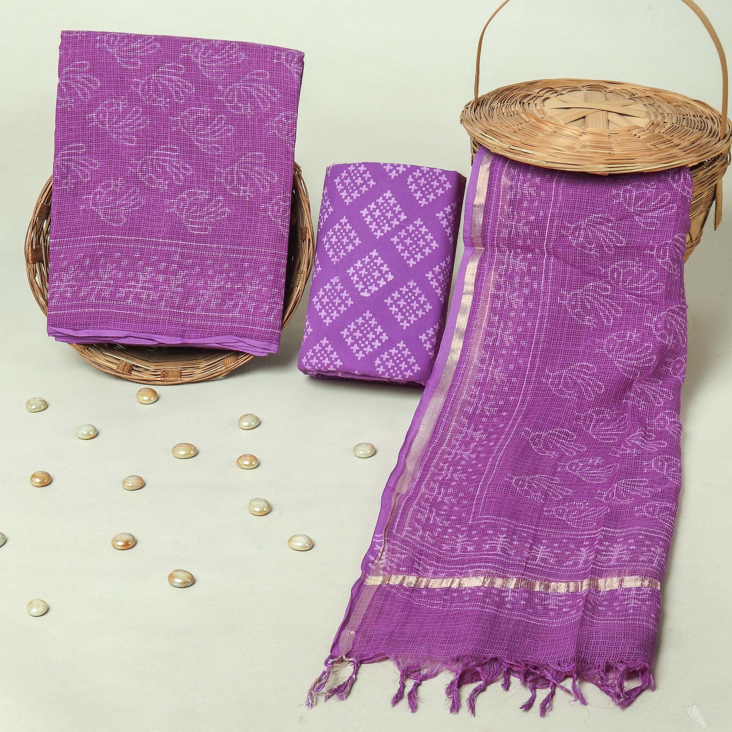 Hand Block Printed Kota Doria Cotton Suit Set with Zari Border Dupatta