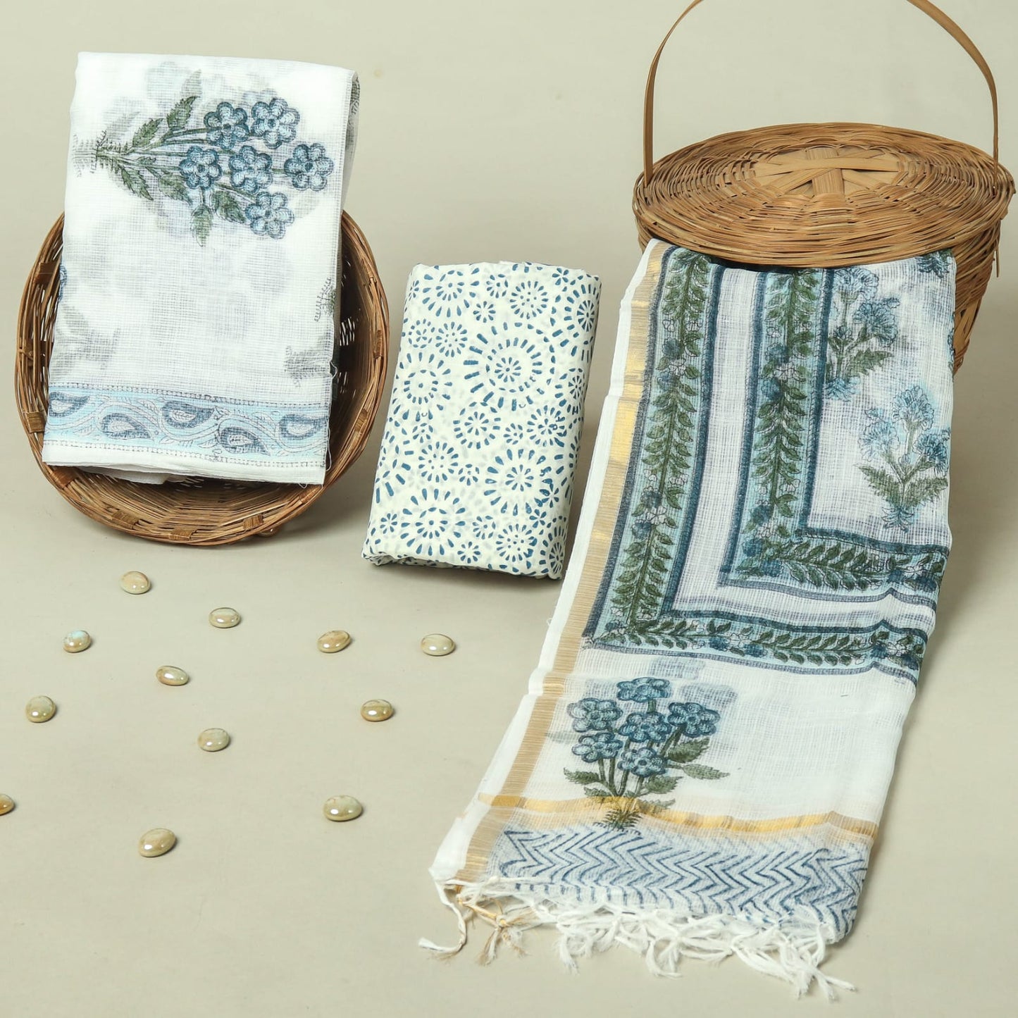 Hand Block Printed Kota Doria Cotton Suit Set with Zari Border Dupatta
