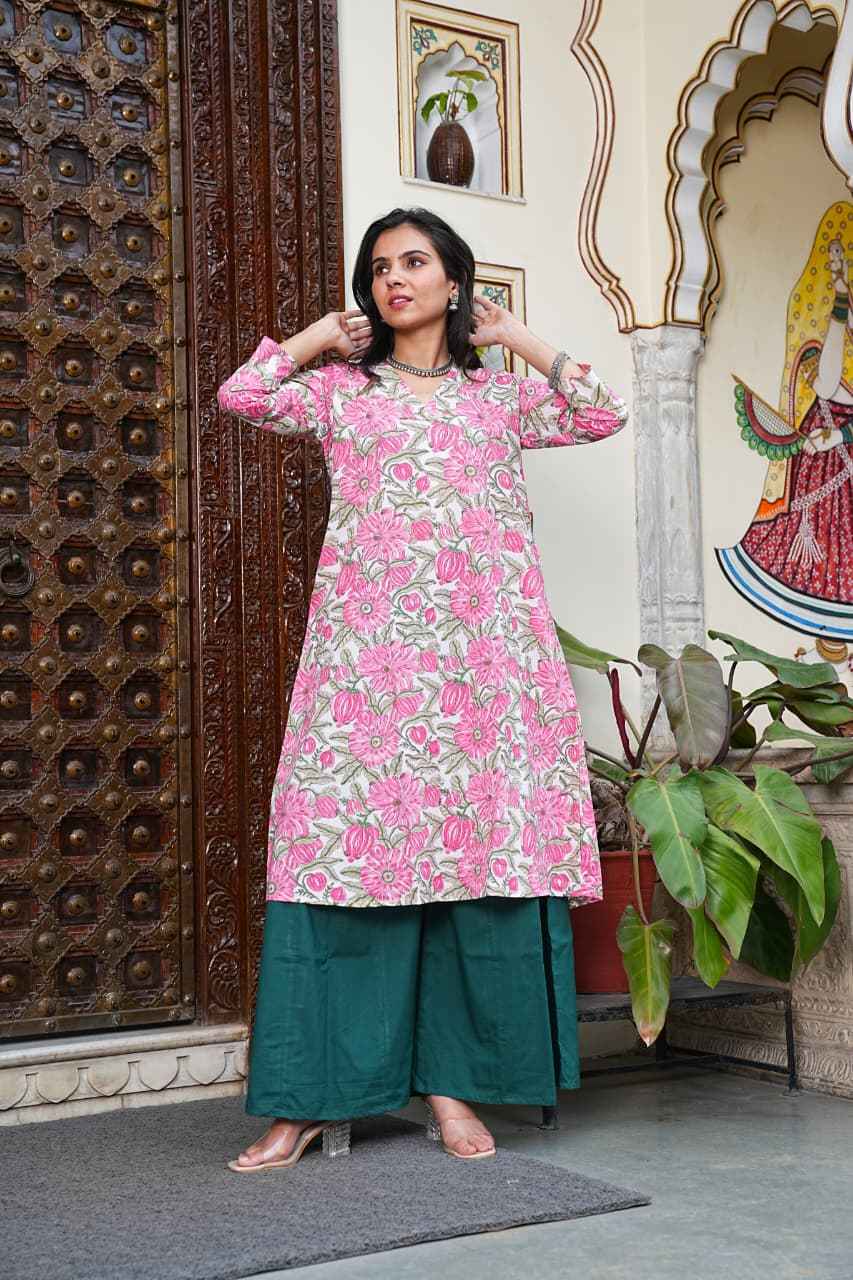 Traditional Bagru Print Cotton Kurti Palazzo Set