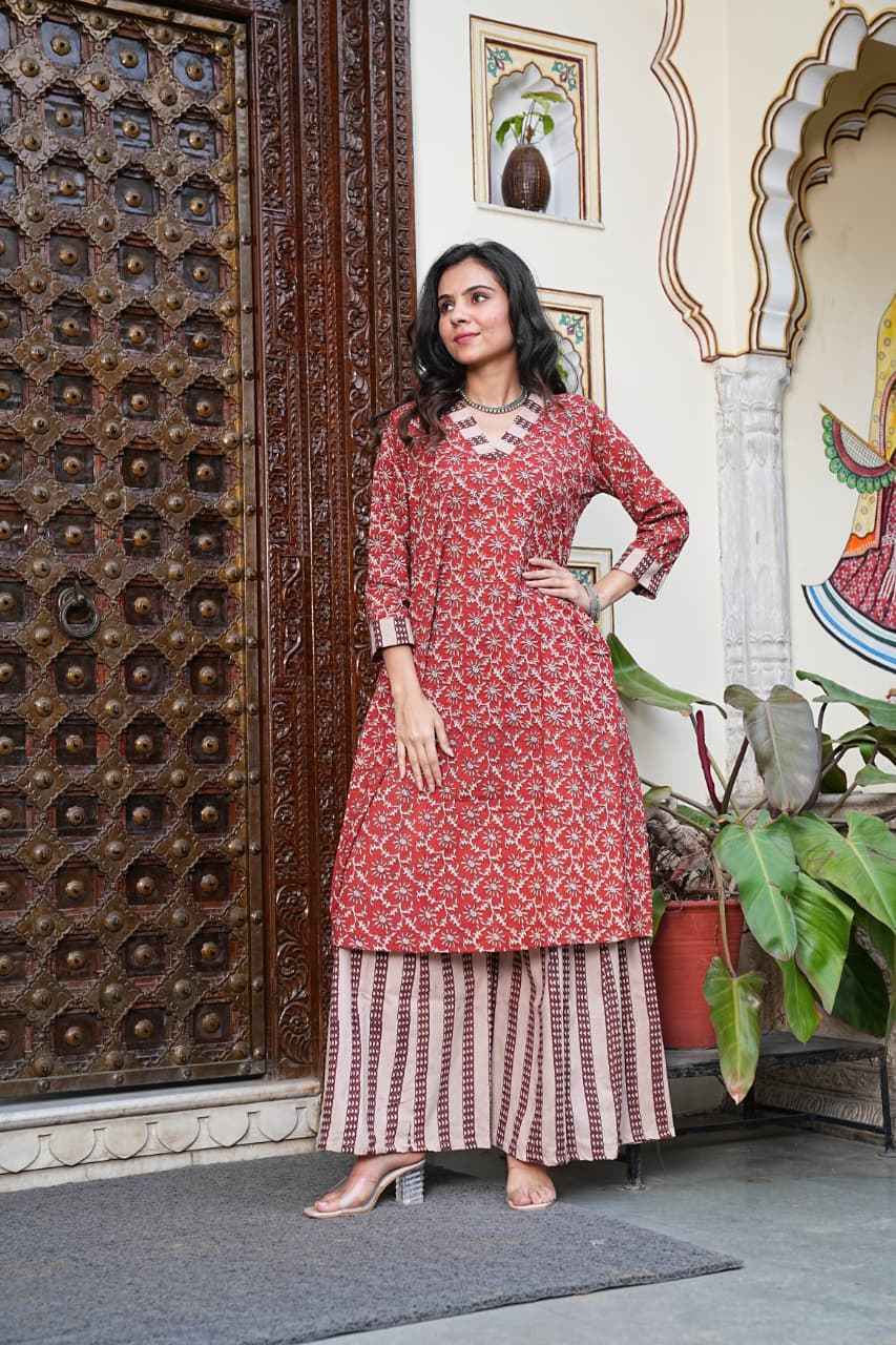 Traditional Bagru Print Cotton Kurti Palazzo Set