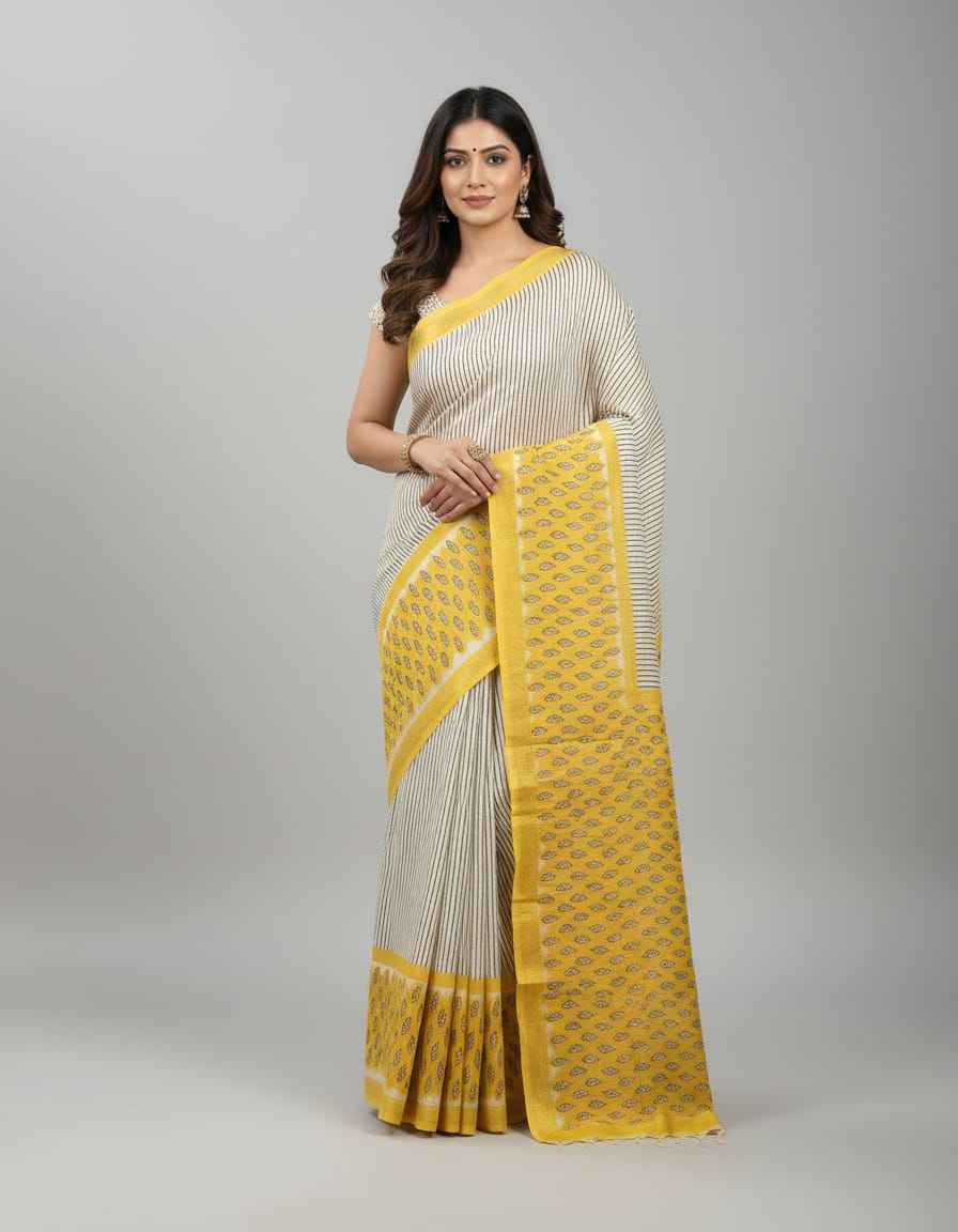 Charcoal Striped Floral Maheshwari Silk Saree
