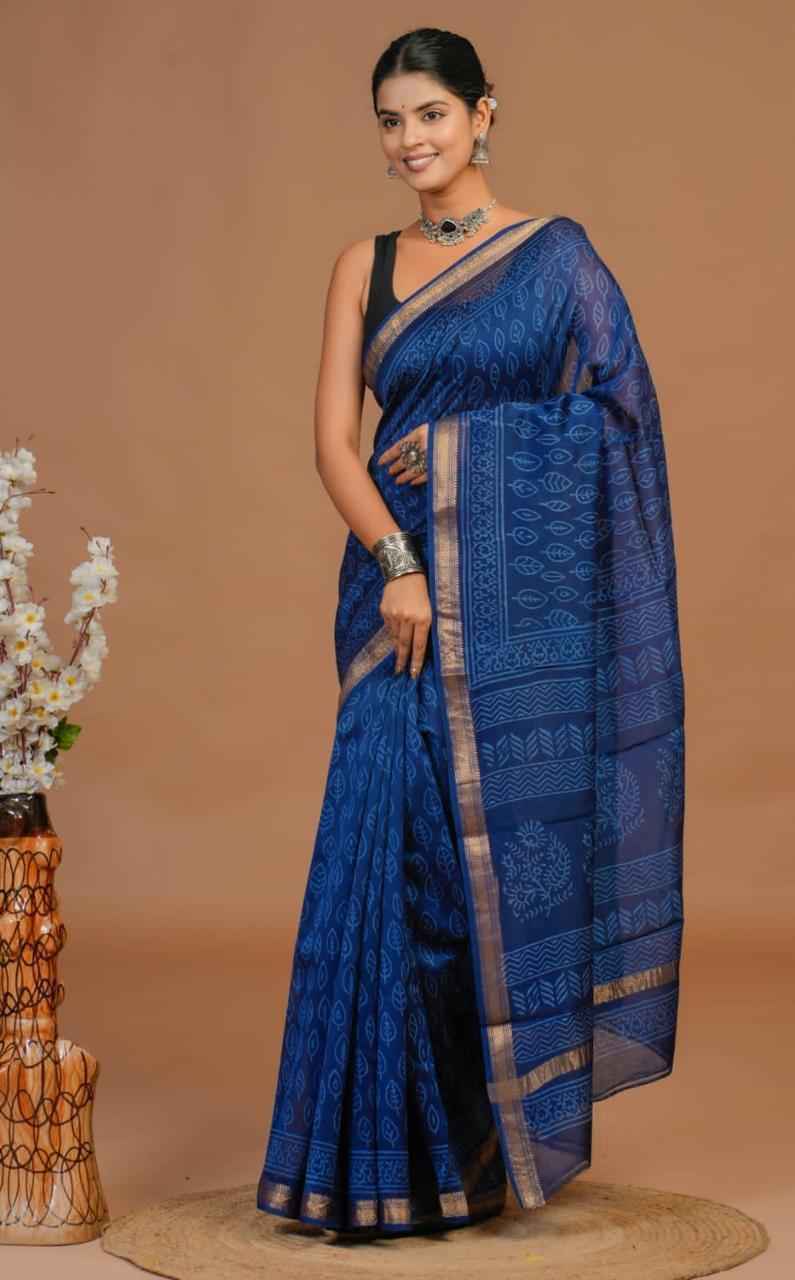 Golden Border Maheshwari Silk Saree in Deep Blue