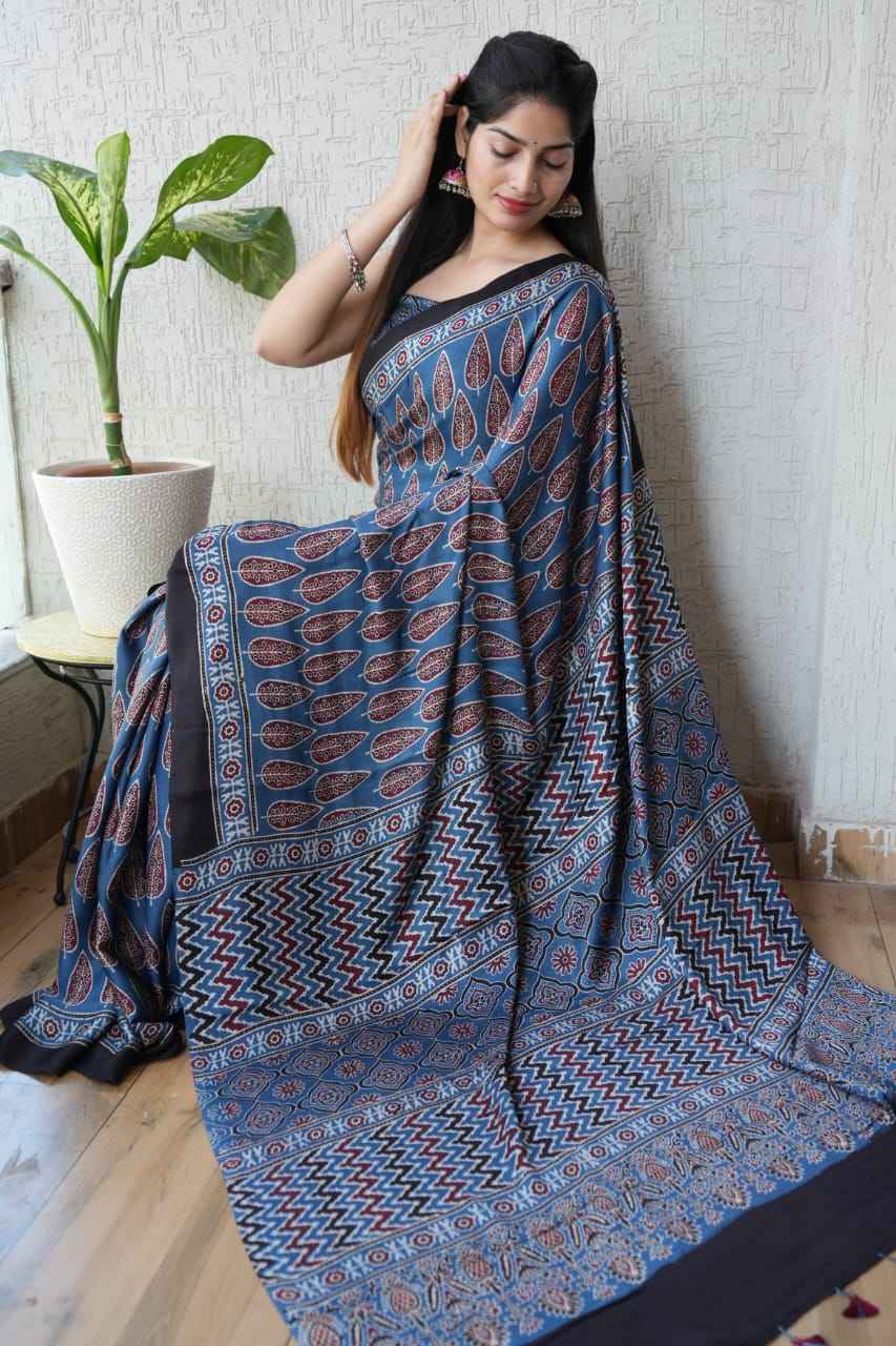 Ocean Blue Zigzag Leaf Modal Silk Saree with Floral Border