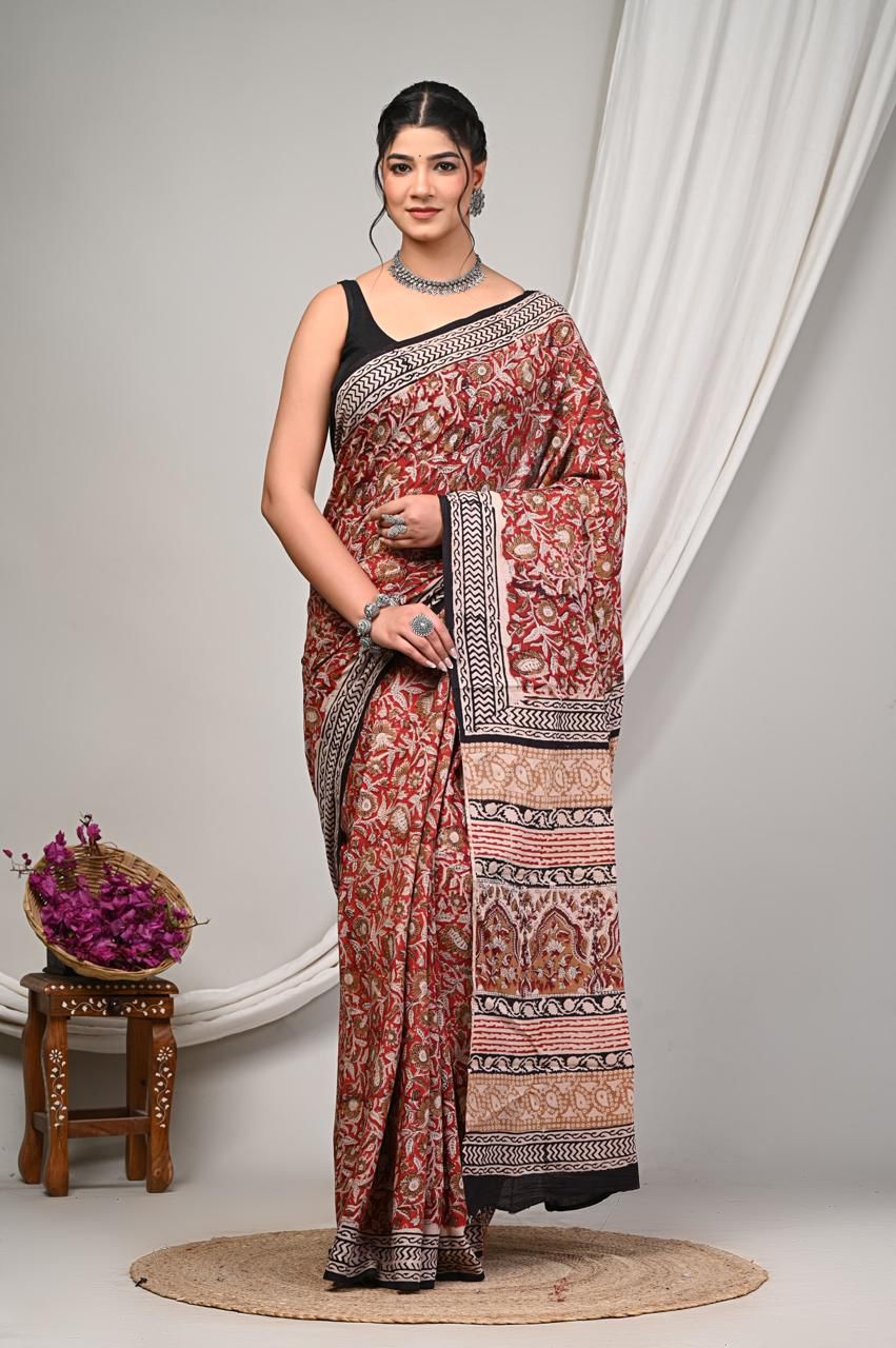 Premium Mul Cotton Hand Block Printed Saree With Blouse Piece