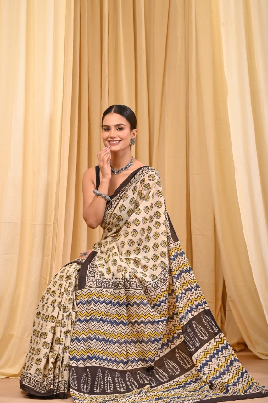 Premium Mul Cotton Hand Block Printed Saree With Blouse Piece