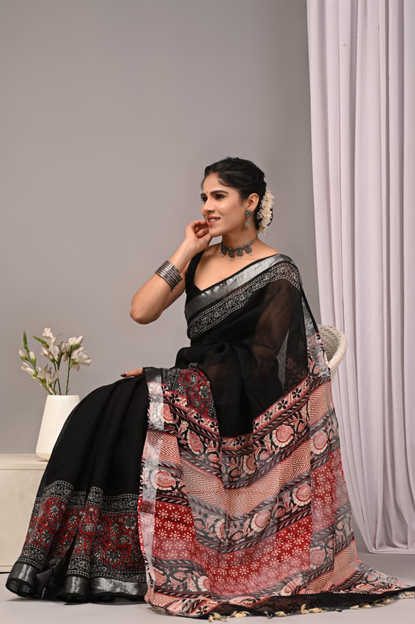 Bagru Hand Block Printed Saree In Linen Cotton With Blouse Piece