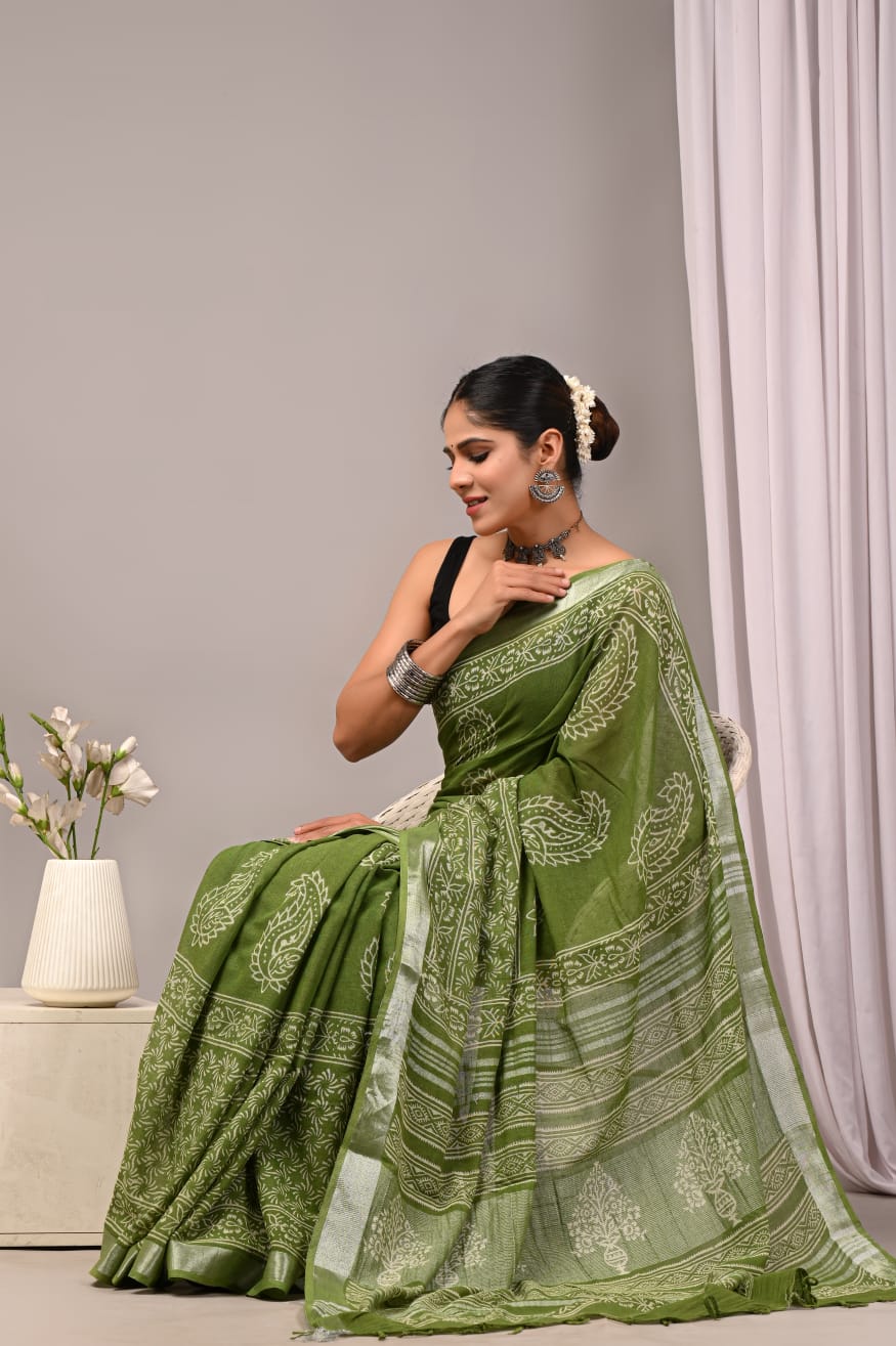 Bagru Hand Block Printed Saree In Linen Cotton With Blouse Piece