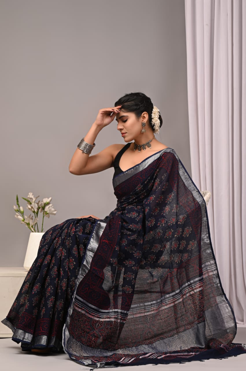 Bagru Hand Block Printed Saree In Linen Cotton With Blouse Piece
