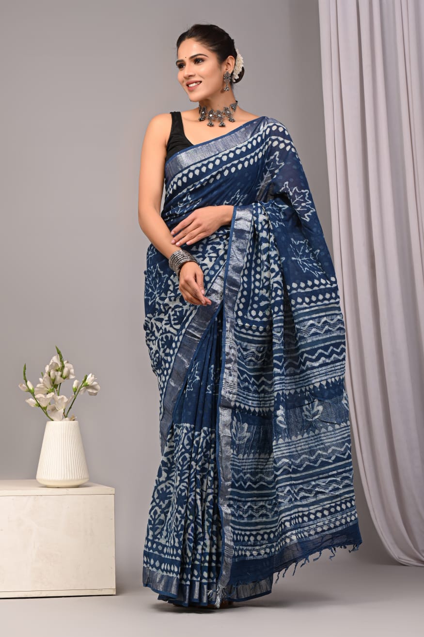 Bagru Hand Block Printed Saree In Linen Cotton With Blouse Piece