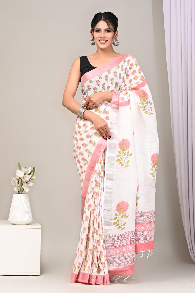 Bagru Hand Block Printed Saree In Linen Cotton With Blouse Piece