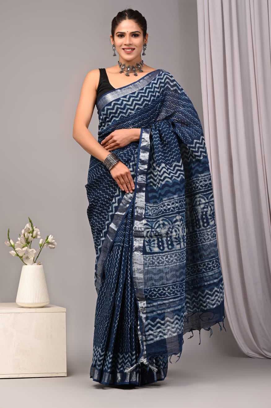 Bagru Hand Block Printed Saree In Linen Cotton With Blouse Piece