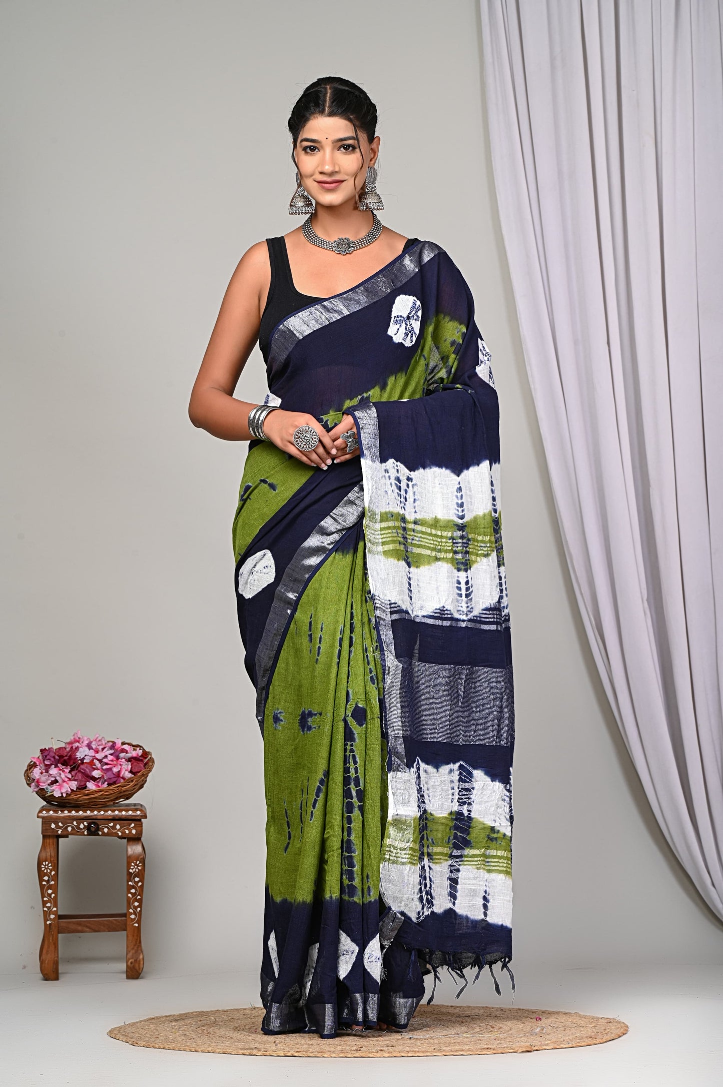 Shibori / Tye-dye Linen Cotton Saree With Blouse Piece