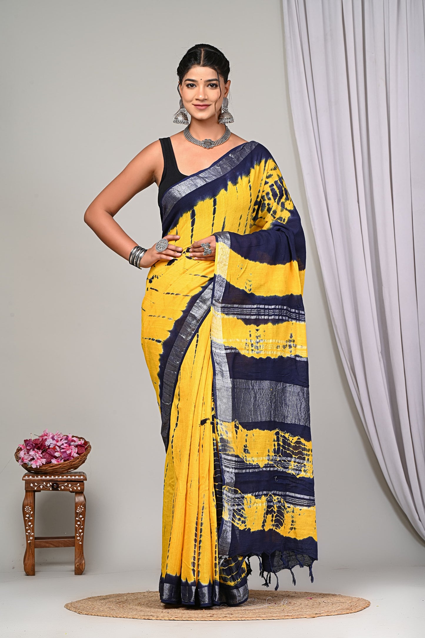 Shibori / Tye-dye Linen Cotton Saree With Blouse Piece