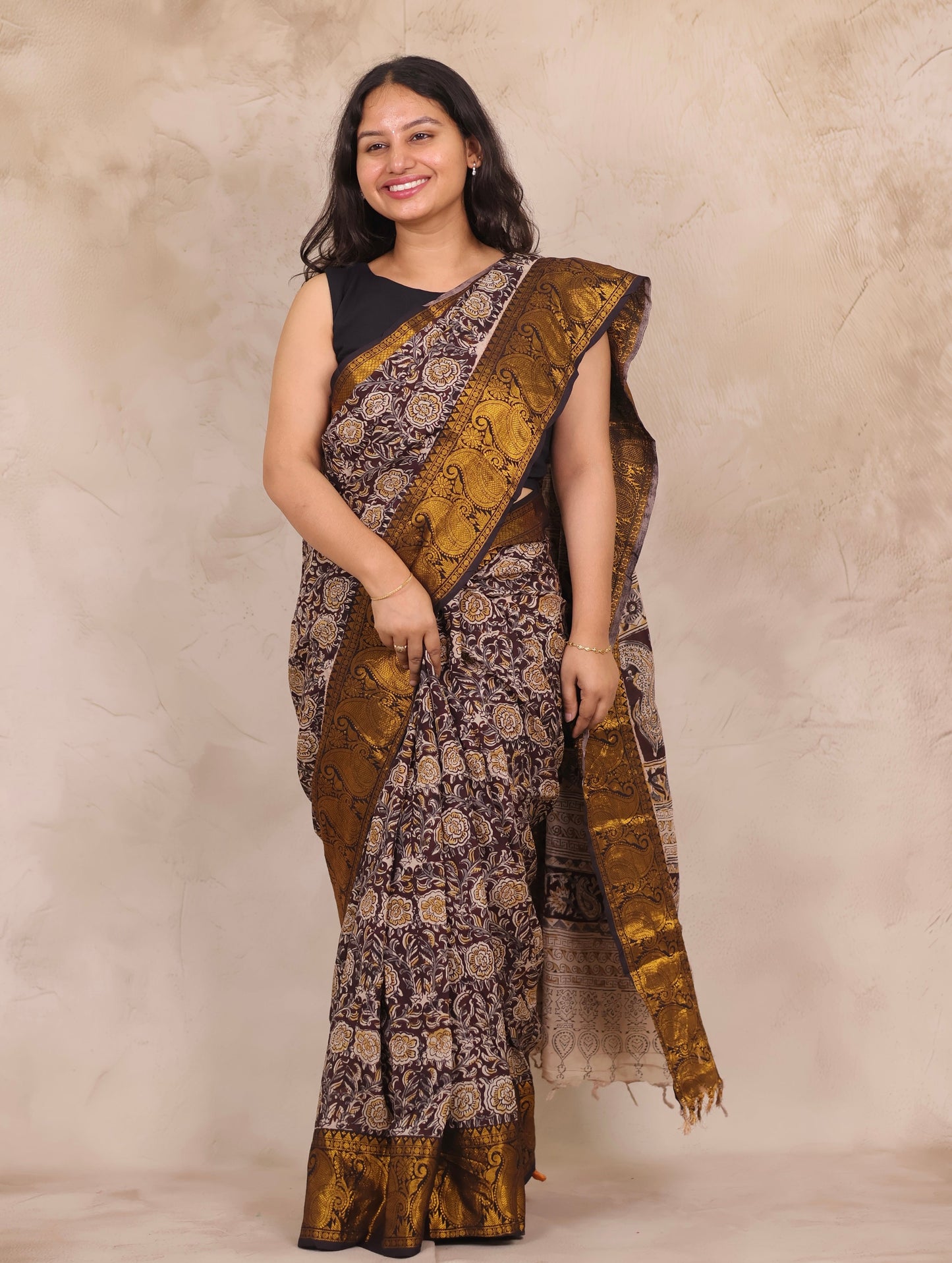 Brown Hand Block Printed Kalamkari Kanchi Border Chennur Silk Saree