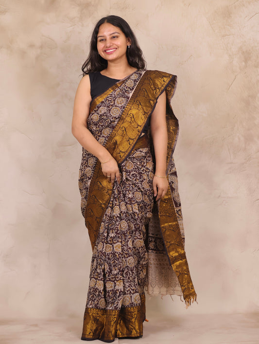 Brown Hand Block Printed Kalamkari Kanchi Border Chennur Silk Saree