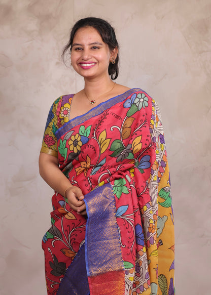 Hand Drawn Pen Kalamkari Pink And Blue Bangalore Silk Kanchi Border Saree