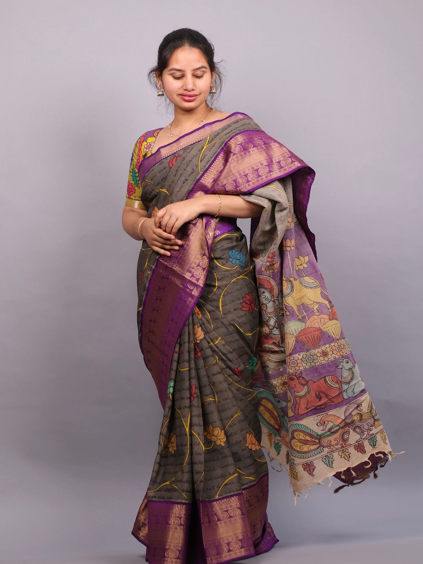 Grey Hand Drawn Pen Kalamkari Uppada Silk Kuppadam Border Saree