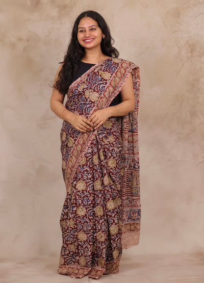 Maroon Hand Block Printed Kalamkari Chennur Silk Saree